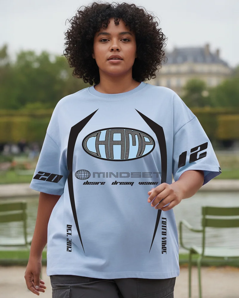 بيواكوف Women's Sky Blue Champ Graphic Printed Oversized Plus Size T-shirt